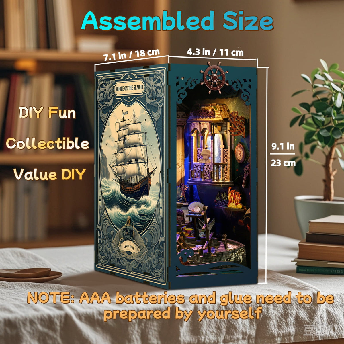 DIY Book Nook Kit, Mysteries Beneath the Sea 3D Wooden Puzzle with LED Light, Bookshelf Craft Kit for Adults Teens (14+)