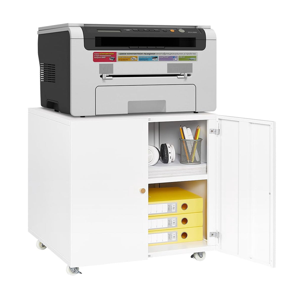 Heavy Duty Metal Printer Stand with Lockable Doors - Adjustable Shelf & Wheels - Large Mobile Filing Cabinet for Office Storage, 3D Printers, Copiers, Heat Press - 90kg Capacity - White, Big