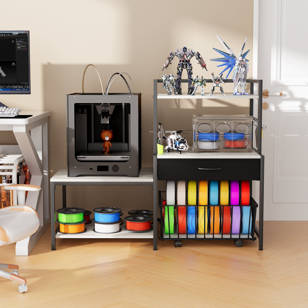 Heavy Duty 3D Printer Stand with Storage Shelf and Drawer, Industrial Rolling Printer Rack for 3D Printer Filament and Tools, Sturdy Metal Frame Printer Table for Home Office Workshop