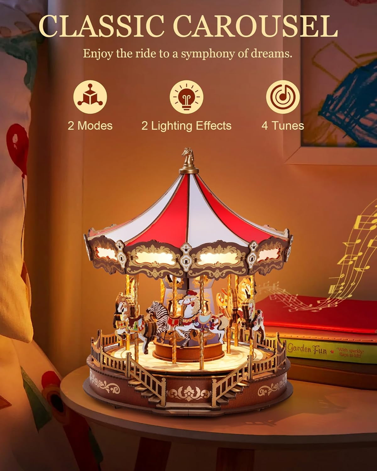 Robotime Classic Carousel Dreamer 3D Puzzle Music Box, DIY Wooden Building Model Kits,Christmas Birthday Gift for Kids Girls Adults