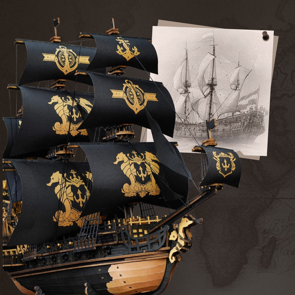 ROKR Seahorse Barque 3D Wooden Puzzle, 1:100 Scale Ship Model Diy Building Toy for Adults Gift