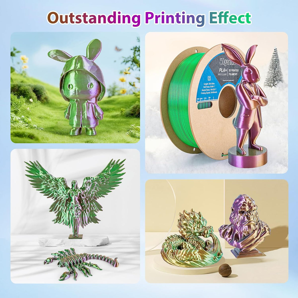 Multicolor 3D Printer Filament,Dual/Tri Color 1.75mm PLA Silk Shiny Printing Filament,250g(0.55lbs) Fit Most FDM 3D Printer