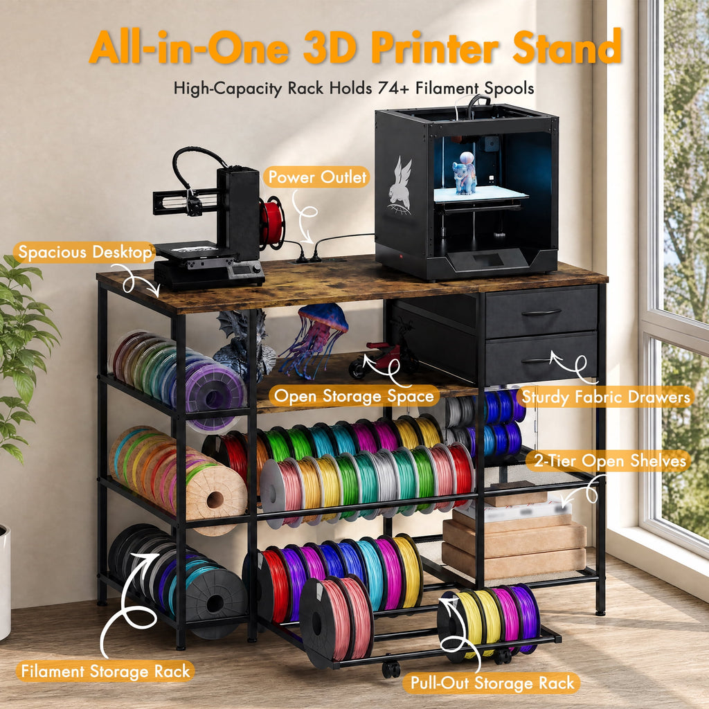 Advwin 47" Heavy Duty 3D Printer Stand with Power Outlet, Pull-Out Rolling Filament Storage Rack, 2 Fabric Drawers & Open Shelves, 3D Printer Table Workstation for Home Office Studio, Black
