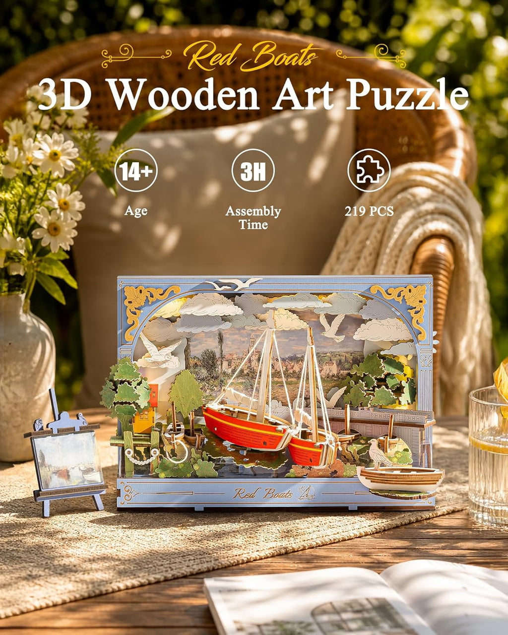 ROBOTIME Red Sailboat 3D Wooden Puzzle with Moving Gears & LED, Tabletop Decor & Wall Hanging Art, Gift for Adults & Teens 14+, 219 Pcs