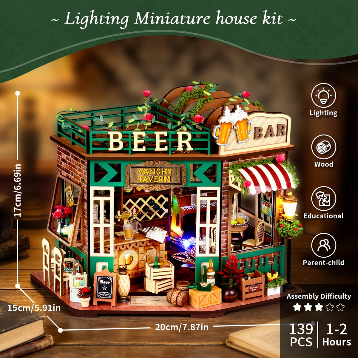 WLBES 3D Wooden Puzzle Book Nook Kit for Adults, DIY Miniature Tavern House Model Kit, Cute Book Nooks for Bookshelf, Home Decor Craft Hobby