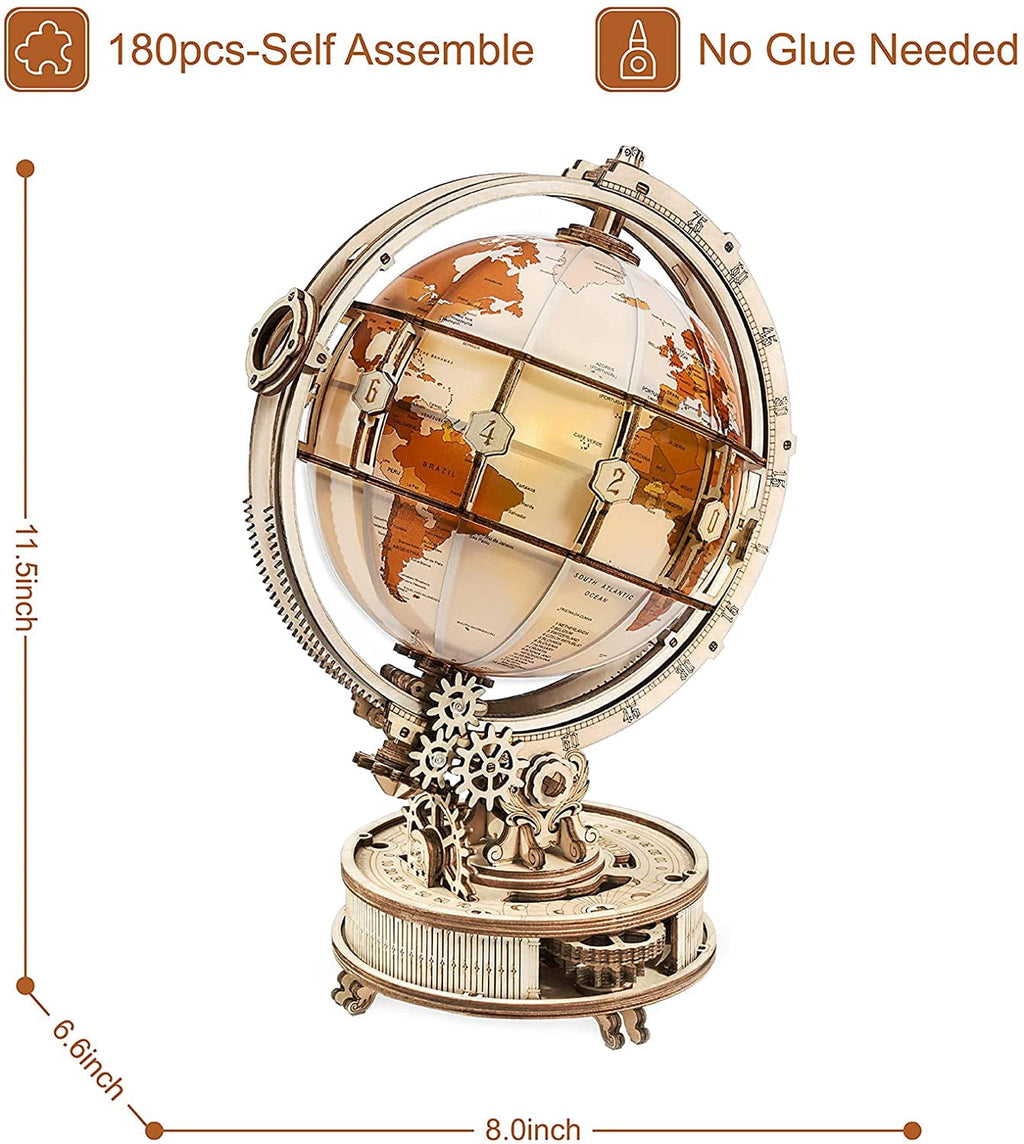 Robotime Luminous Globe Wood 3D Puzzle with Night Light, Creative Gift for Adults & Teens 14+, 180 Pieces