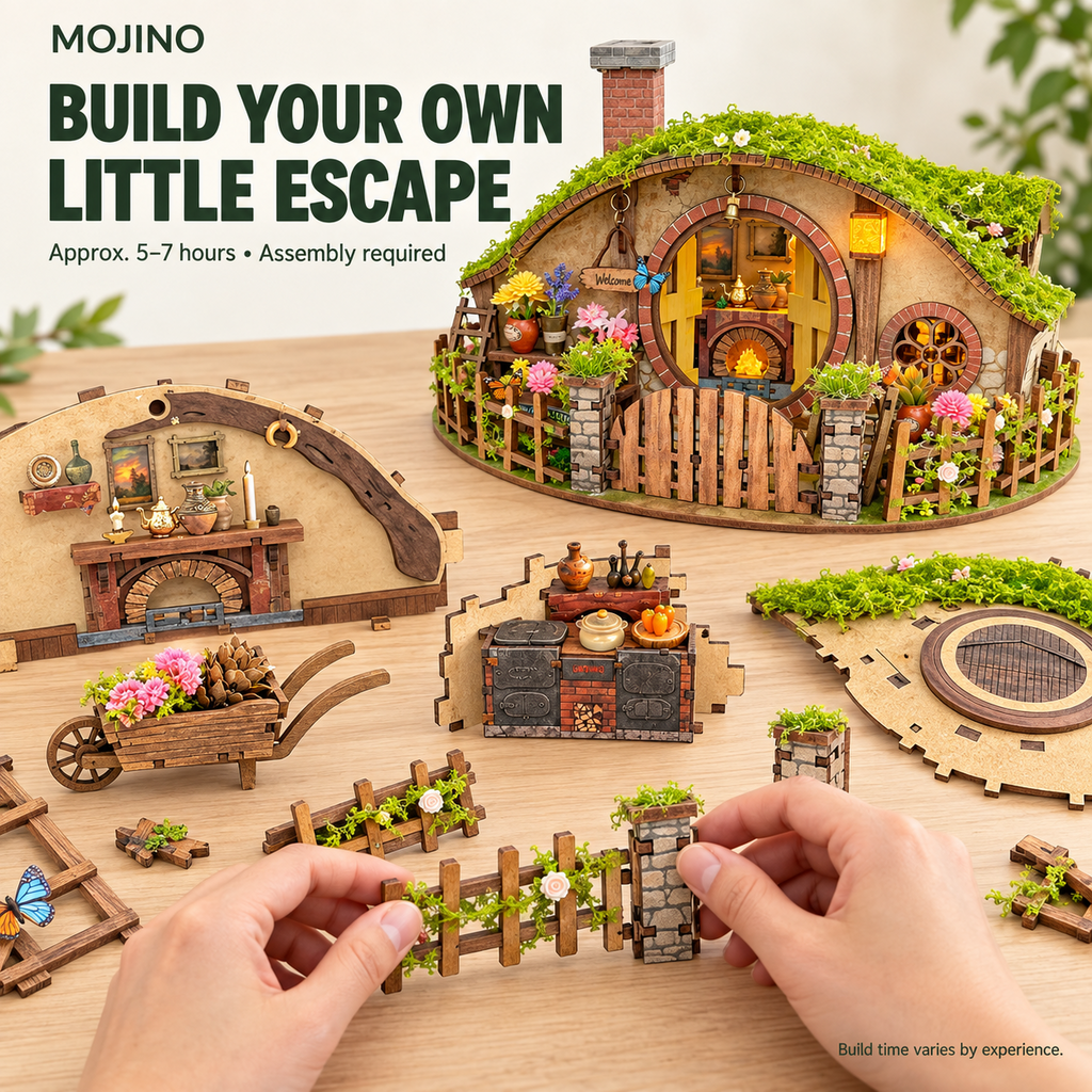 MOJINO Book Nook Kit, DIY Miniature House 3D Wooden Puzzle, 193-Piece Magic Ring House with LED Lights, Christmas Gift