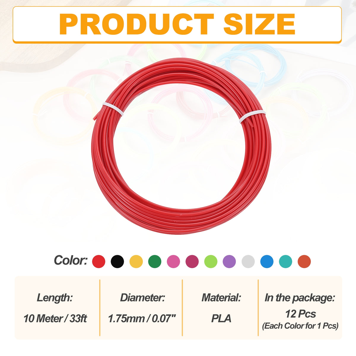 Uxcell 12 Pcs 3D Pen Filament, 1.75mm Dia 33ft Length PLA 3D Printing Pen Filament Refills for 1.75mm 3D Printing Pen, 12 Colors