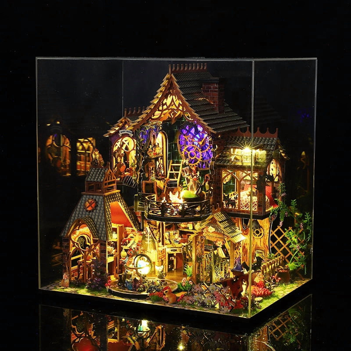 Magic Spirit 3D Wooden Miniature Model Kit - Enchanted Wizard Cottage with Glowing LED Windows, Fantasy Forest Villa DIY Puzzle Gift for Adults and Hobbyists
