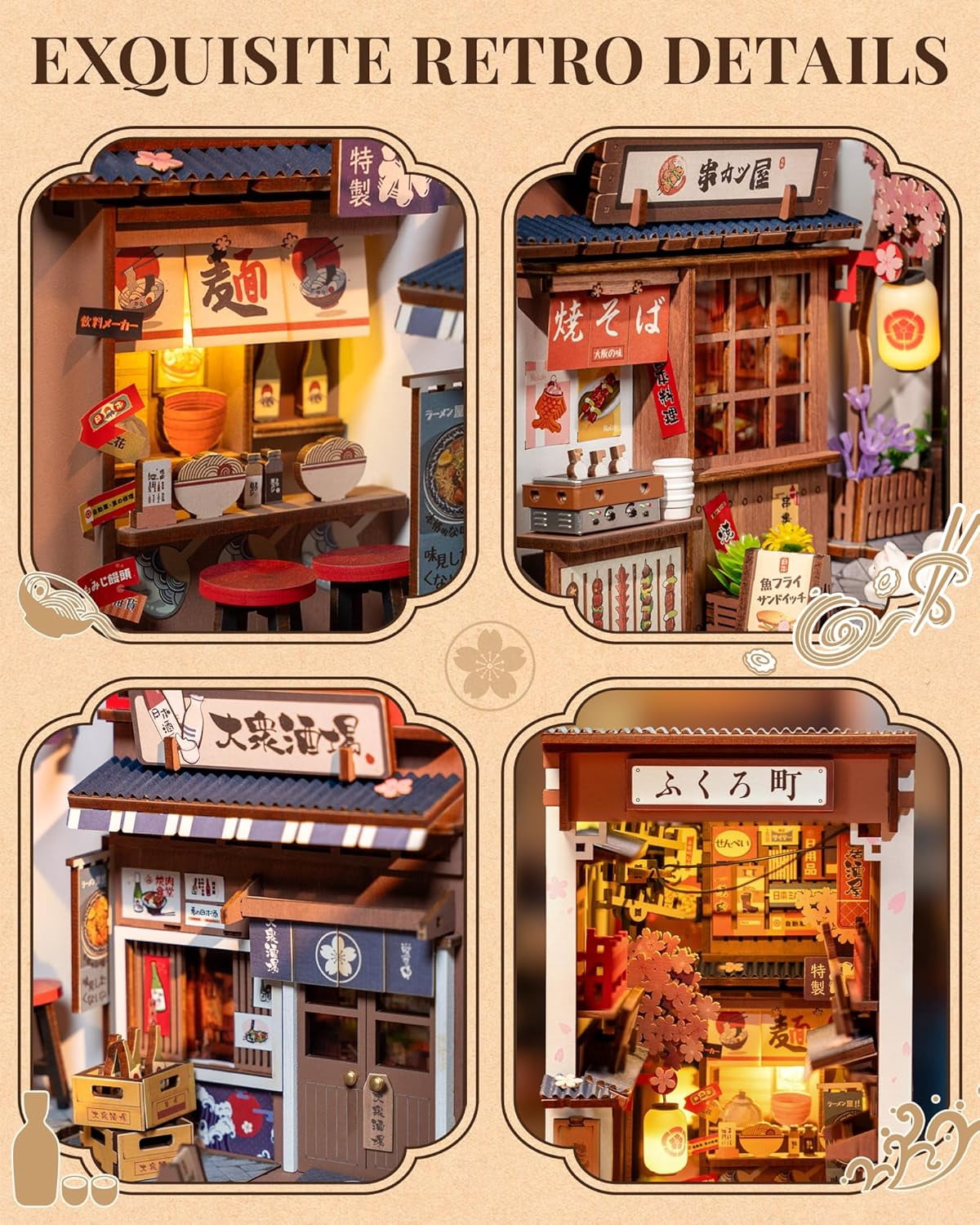 Robotime DIY Book Nook Kit Wooden 3D Puzzle Miniature House for Adults- Sakura Wine Alley