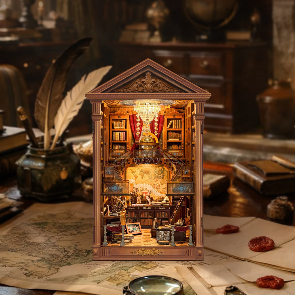 Strucwood Reading Hall DIY Wooden Book Nook Kit with Touch LED Lights,3D Miniature Vintage Library Puzzle Craft Gifts for Adults(SQ-111)