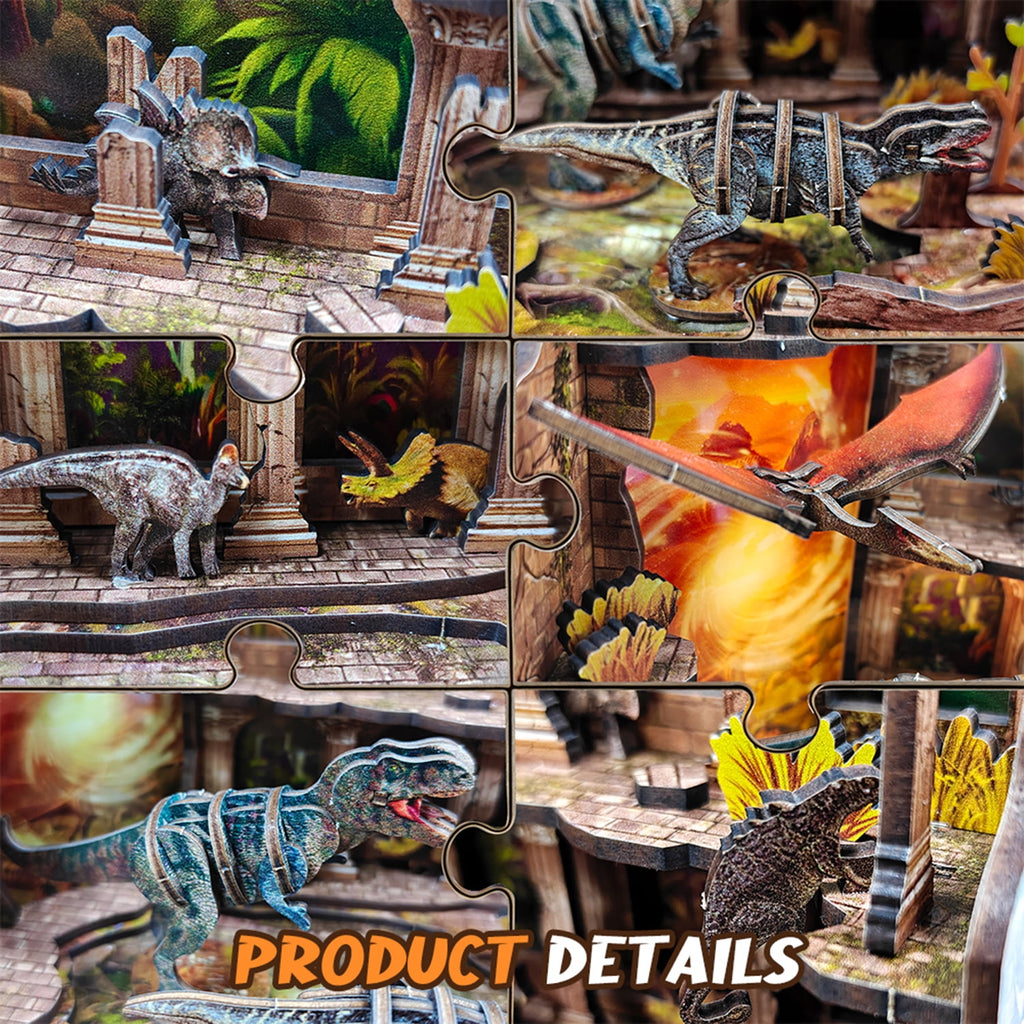 Dinosaur 3D Wooden Puzzle Set 89 Pieces Book Nook Kit with LED Light,Christmas and Birthday Gifts for 14+ Teens Adults