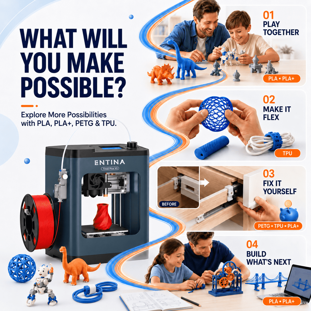 Entina Desktop 3D Printer Tina2S, Wi-Fi Control Auto Leveling Heated Plate for Beginners STEM DIY